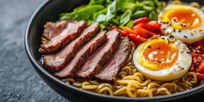 Close-up of ramen noodles in a bowl with meat, vegetables, and boiled egg, culinary photography photo