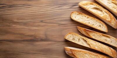 Close-up of sliced baguette pieces neatly arranged on wooden surface, culinary photography photo