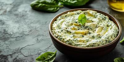 Close-up of spinach artichoke dip in wide bowl with consistent surface, culinary photography photo