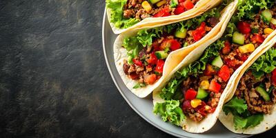 Close-up of tacos with visible fillings, neatly placed inside folded tortillas on a simple plate, food photography photo