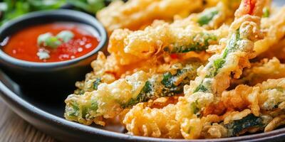 Close-up of tempura vegetables on a plate with dipping sauce, culinary photography photo