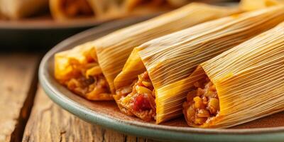 Close-up of tamales with visible corn husks and a peek of filling inside, on a simple plate, food photography photo