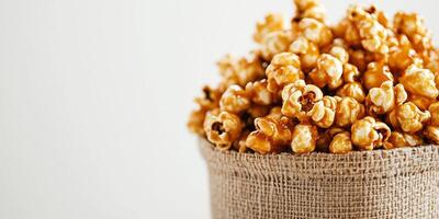Container filled with caramel corn, with coated kernels spilling over, culinary photography photo