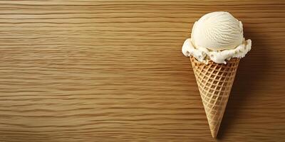 Dairy-free ice cream cone on a wooden surface, scoop leaning slightly, culinary photography photo