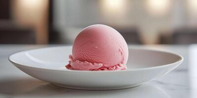 Dish with a single scoop of dairy-free ice cream on a simple white plate, culinary photography photo