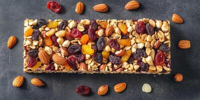 Fruit and nut bar broken into pieces, revealing dried fruits and nuts, culinary photography photo