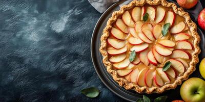 Pie with a decorative crust edge, filled with sliced apples, placed on a plate, food photography photo