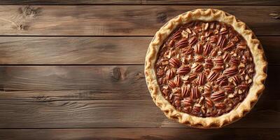 Pie with a firm crust, featuring a rich pecan filling, displayed on a wooden surface, food photography photo
