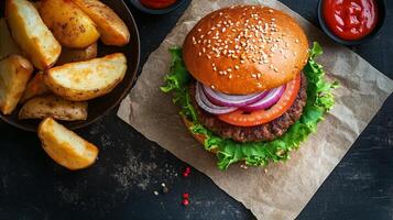 Plant-based burger with lettuce, tomato, and onions with potato wedges, culinary photography photo
