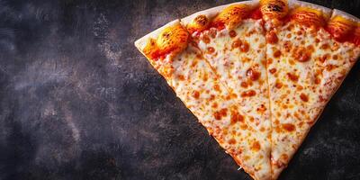 Pizza slice with visible cheese strings stretching from the crust, food photography photo