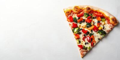 Vegetarian pizza slice with mixed vegetables on a clean flat surface, culinary photography photo