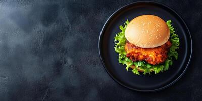 Plate with a chicken sandwich, positioned centrally, food photography photo