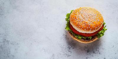 Single chicken burger, placed diagonally on a clean flat surface, culinary photography photo