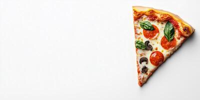 Single pizza slice with toppings displayed prominently, resting on a white background, food photography photo
