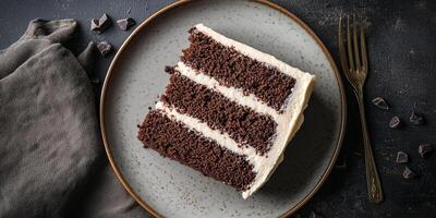 Slice of chocolate cake on a plate, showing layers of cake and frosting, food photography photo
