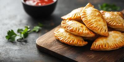 Stack of chicken empanadas on a wooden cutting board, food photography photo