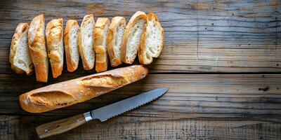 Top view of sliced baguette on wooden surface with knife, food photography photo