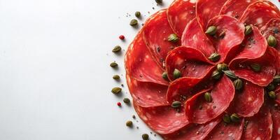 Bresaola slices arranged in a circular pattern with capers scattered on top, food photography photo