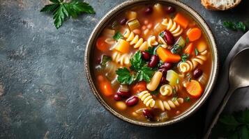Minestrone soup in a round bowl with visible vegetables, pasta, and beans, food photography photo