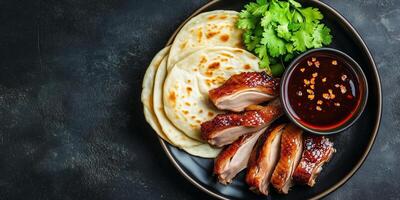 Peking duck with pancakes and dipping sauce, food photography photo