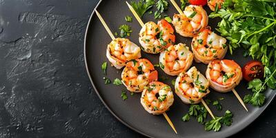 Shrimp skewers on a flat plate with garnishes and herbs on the side, culinary photography photo