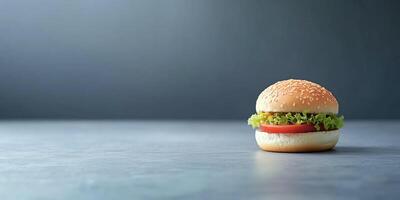 Small assembled burger, placed horizontally on a simple surface, food photography photo