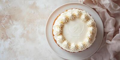 Cake with piped borders, placed on a round plate, gastronomy photography photo