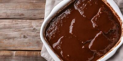 Close-up of mole sauce over meat, with sauce spread evenly, served on a plain dish, gastronomy photography photo
