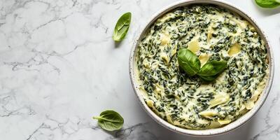 Close-up of spinach artichoke dip in wide bowl with consistent surface, gastronomy photography photo