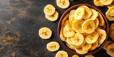 Close-up of banana chips in a random arrangement, gastronomy photography photo