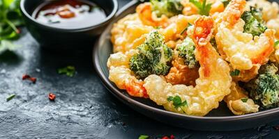 Close-up of tempura vegetables on a plate with dipping sauce, photorealistic food photo