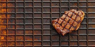 Sizzling steak on a barbecue grill with smoke rising, photorealistic food photo