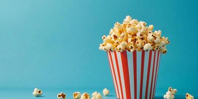 Container filled with flavored popcorn, with kernels spilling over, photorealistic food photo