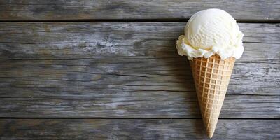 Dairy-free ice cream cone on a wooden surface, scoop leaning slightly, photorealistic food photo