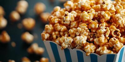 Container filled with caramel corn, with coated kernels spilling over, gastronomy photography photo