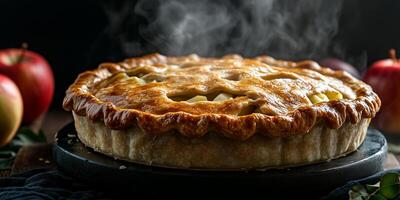 Pie with a flaky top crust, steam escaping, showcasing apple filling inside, gastronomy photography photo