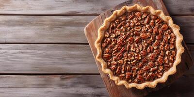 Pie with a firm crust, featuring a rich pecan filling, displayed on a wooden surface, photorealistic food photo