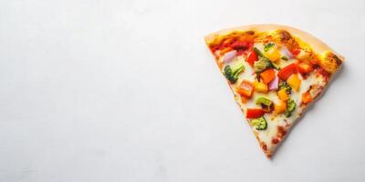 Vegetarian pizza slice with mixed vegetables on a clean flat surface, photorealistic food photo