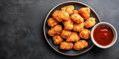 Pile of nuggets on a round plate, with a small bowl of sauce beside it, photorealistic food photo