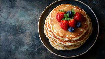 Plate of buttermilk pancakes arranged in a stack in the middle, photorealistic food photo