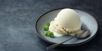 Scoop of dairy-free ice cream in a small dish, with a smooth, even surface, photorealistic food photo