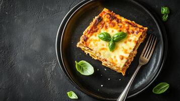 Serving of lasagna with layers of pasta, cheese, and sauce, placed on a plate with a fork, gastronomy photography photo