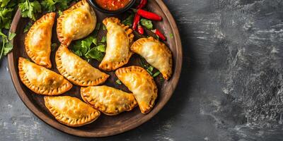 Serving tray filled with neatly arranged vegetarian empanadas, gastronomy photography photo