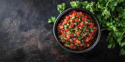 Salsa in a shallow dish, smooth surface, no extras, gastronomy photography photo