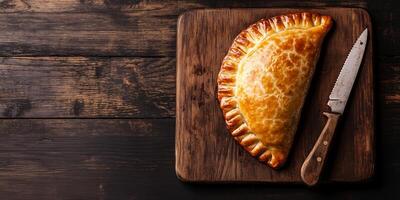 Single beef empanada on a wooden cutting board with knife beside it, gastronomy photography photo