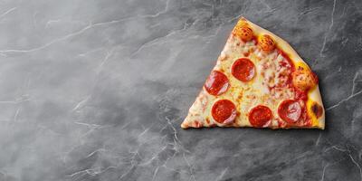 Single pizza slice displayed with melted cheese and scattered pepperoni on top, photorealistic food photo