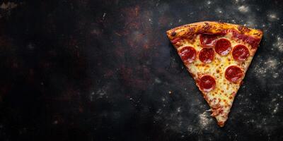 Single pizza slice displayed with melted cheese and scattered pepperoni on top, gastronomy photography photo