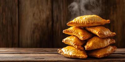 Stack of beef empanadas on a rustic wooden table with steam rising, photorealistic food photo