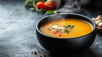 Steaming bowl of soup with undisturbed liquid and visible ingredients, gastronomy photography photo