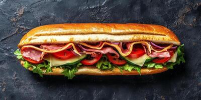 Sub sandwich open-faced, showing combination of meat, cheese, and vegetables inside, photorealistic food photo